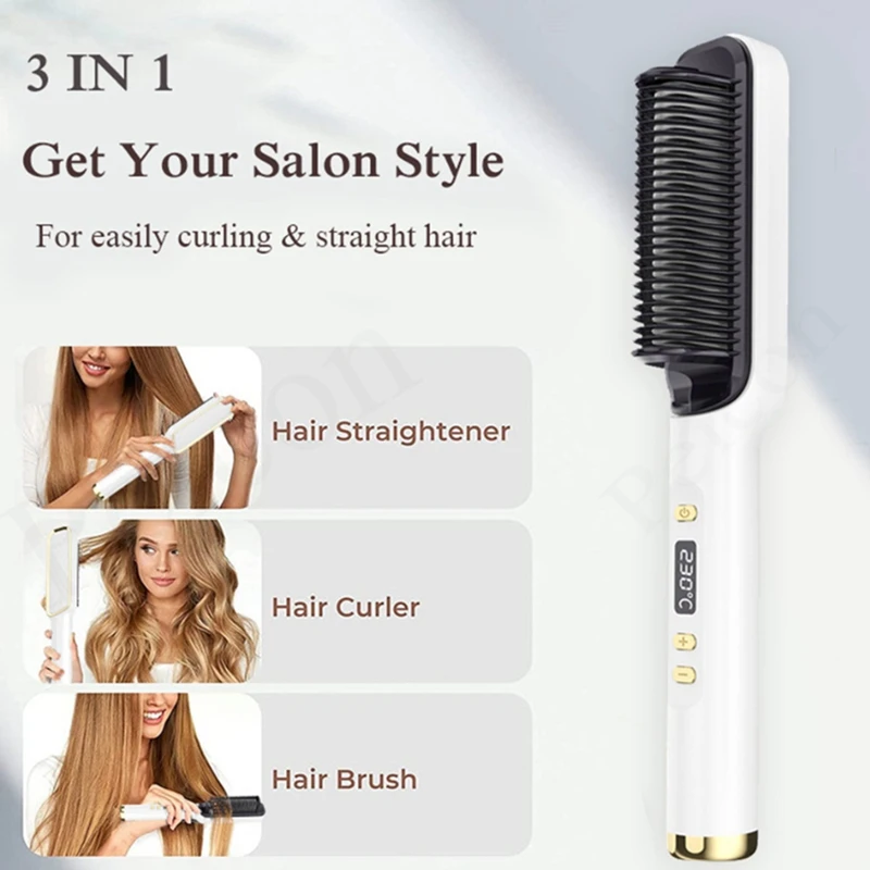 2-In-1 Electric Hair Straightening Multifunctional Comb Curling Iron Styler With LCD Display Straight Comb US Plug