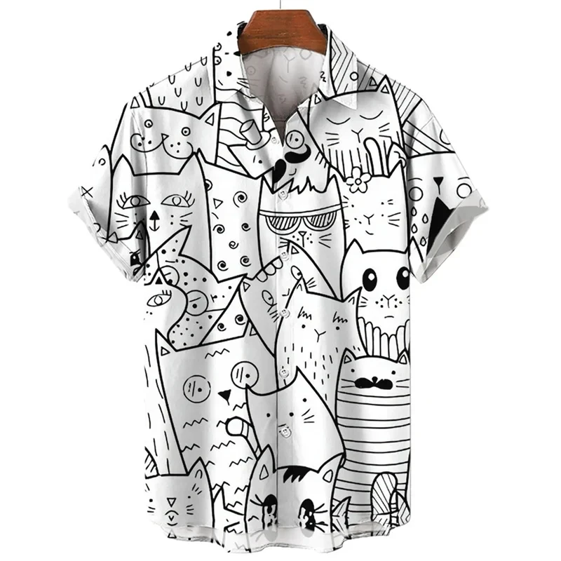 Camiseta de manga curta masculina, estampa 3D para gatinho, camisa casual com botão havaiano, moda verão