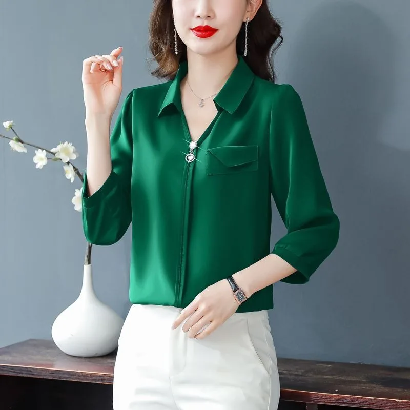 

Women's New Autumn Style Spliced POLO Neck Fashionable Solid Color Loose Centre Sleeve Chiffon Top