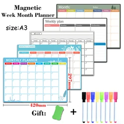 Reusable A3 Size Weekly Monthly Plan Magnet Calendar Schedule Refrigerator Sticker Office Bulletin Board Dry Erase Whiteboard