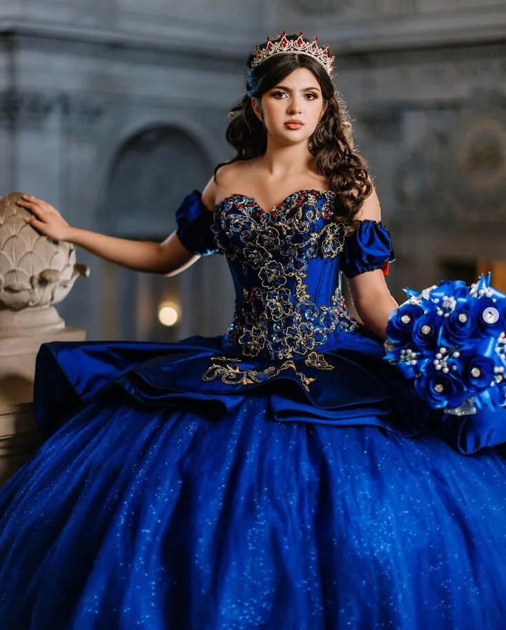 King Blue Princess Ball Gown Quinceanera Dress Puffy Off Shoulder Gillter Applique Beaded vestido debutante 15 anos tema galáxia