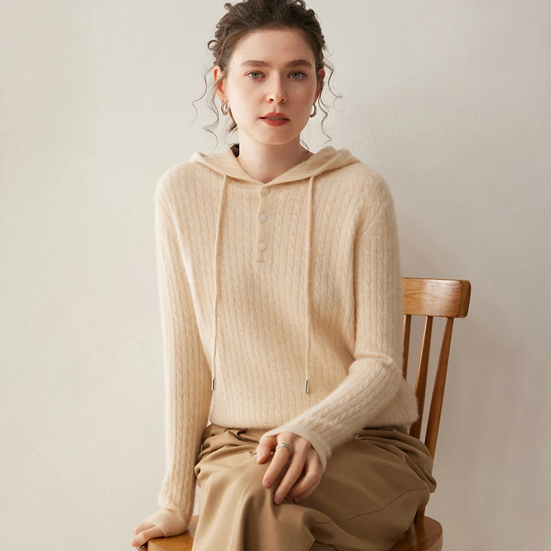 

Autumn/Winter Women's 100% Cashmere Pullover Casual Solid Half Open Knitted Sweater Loose Hooded Collar Tops Thick Warm Jumper