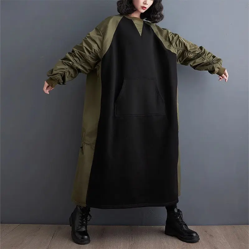 Women's Contrast Color Patchwork Dress Loose Fitting Long Dress Large Size Casual Clothing Korean Version Fashion Design Z3995