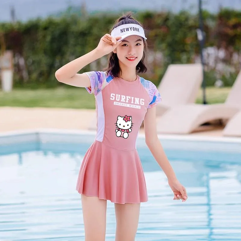 Traje de baño de Hello Kittys para niñas, bañador bonito de Cinnamoroll, ropa de baño para estudiantes, vacaciones de verano, Bikini de playa, secado rápido, regalo de protección solar