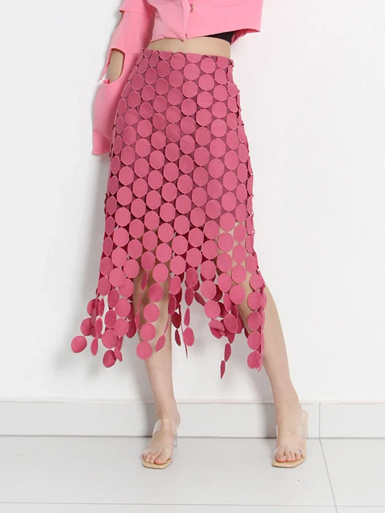 Dot Sexy Cut Out Elegant Long Skirts for Women 2026 Summer Fashion Asymmetrical High Waisted Strechy A-Line Tassel Skirt Female