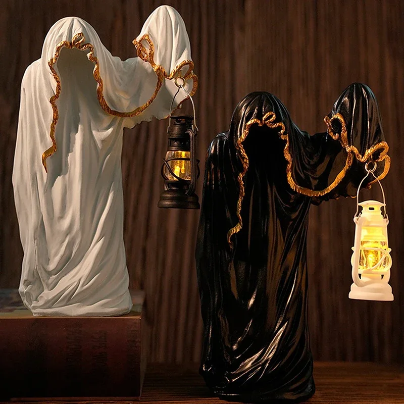 

Ghost Ornament Desktop Ornament Vintage Ghost Figurine with Light-up Lantern for Halloween Decor Mysterious Resin for Indoor