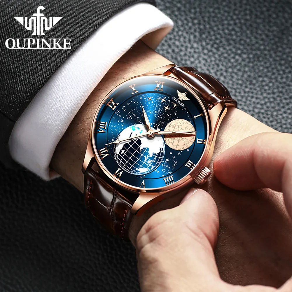 OUPINKE 3177 Мужские часы Роскошные деловые автоматические механические часы 50 м Водонепроницаемые часы Moon Galaxy Кожаный ремешок Подарки Reloj
