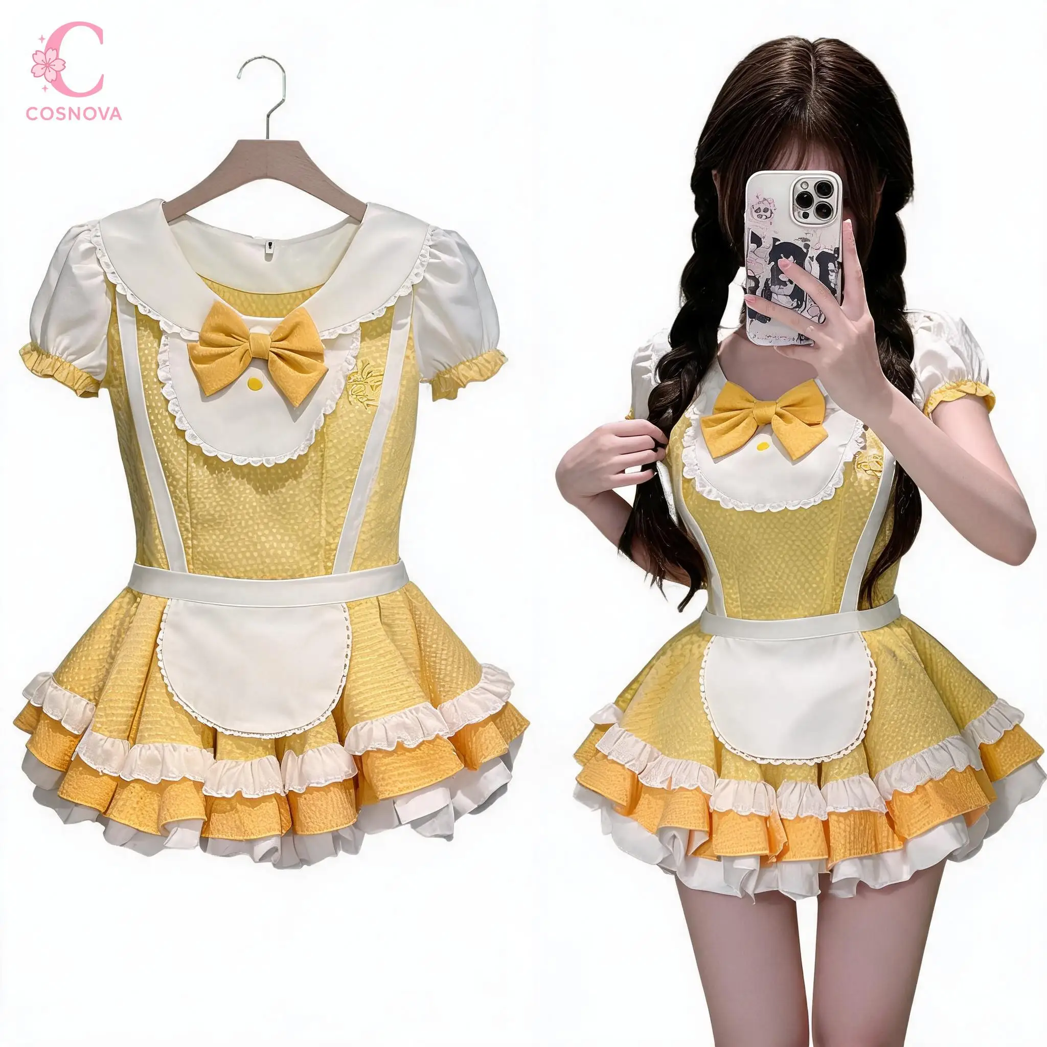 

Pastel Summer Lolita Puff Sleeve Doll Collar Lace 2 Piece Sets Women Bow Ruffle Layered Hem Dress Suits Chic Daily Female Wear
