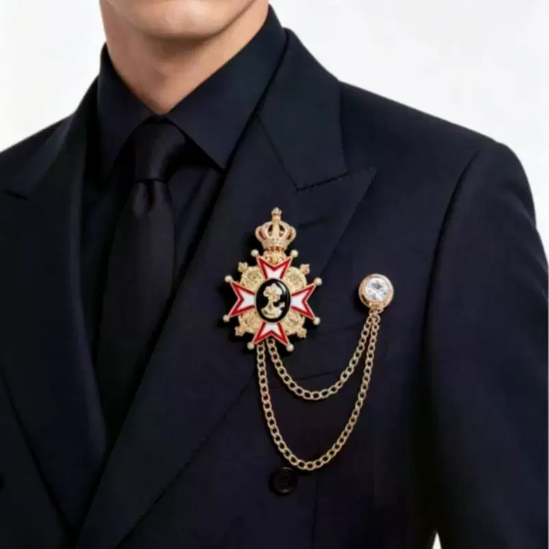 Elegant Popular Metal Electroplated Gold Crown Beauty Head Dotted Paint Medal Breast Pins With Tassels Chains Jewelry Accessory