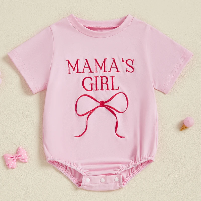 Baby Girl Summer Romper Short Sleeve Round Neck Bow Letter Embroidery Bodysuit Newborn Playsuit