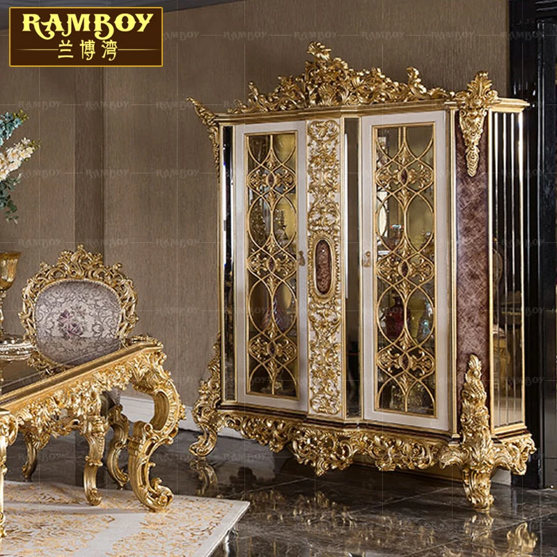 French Italian villa luxury wine cabinet of European solid wood carved gold leaf wine cabinet dining room furniture