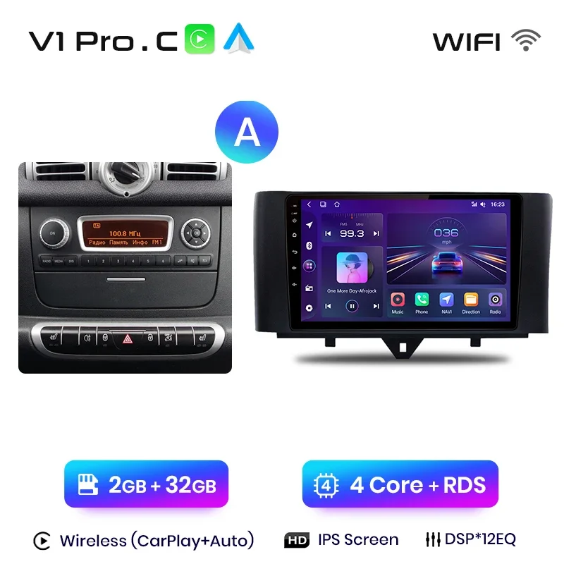 Junsun Draadloze Carplay Android Auto Radio Voor Smart Fortwo 451 2005 - 2015 Auto Intelligente Systemen Rds Bt Dsp 2 Din Autoradio - afbeelding 1
