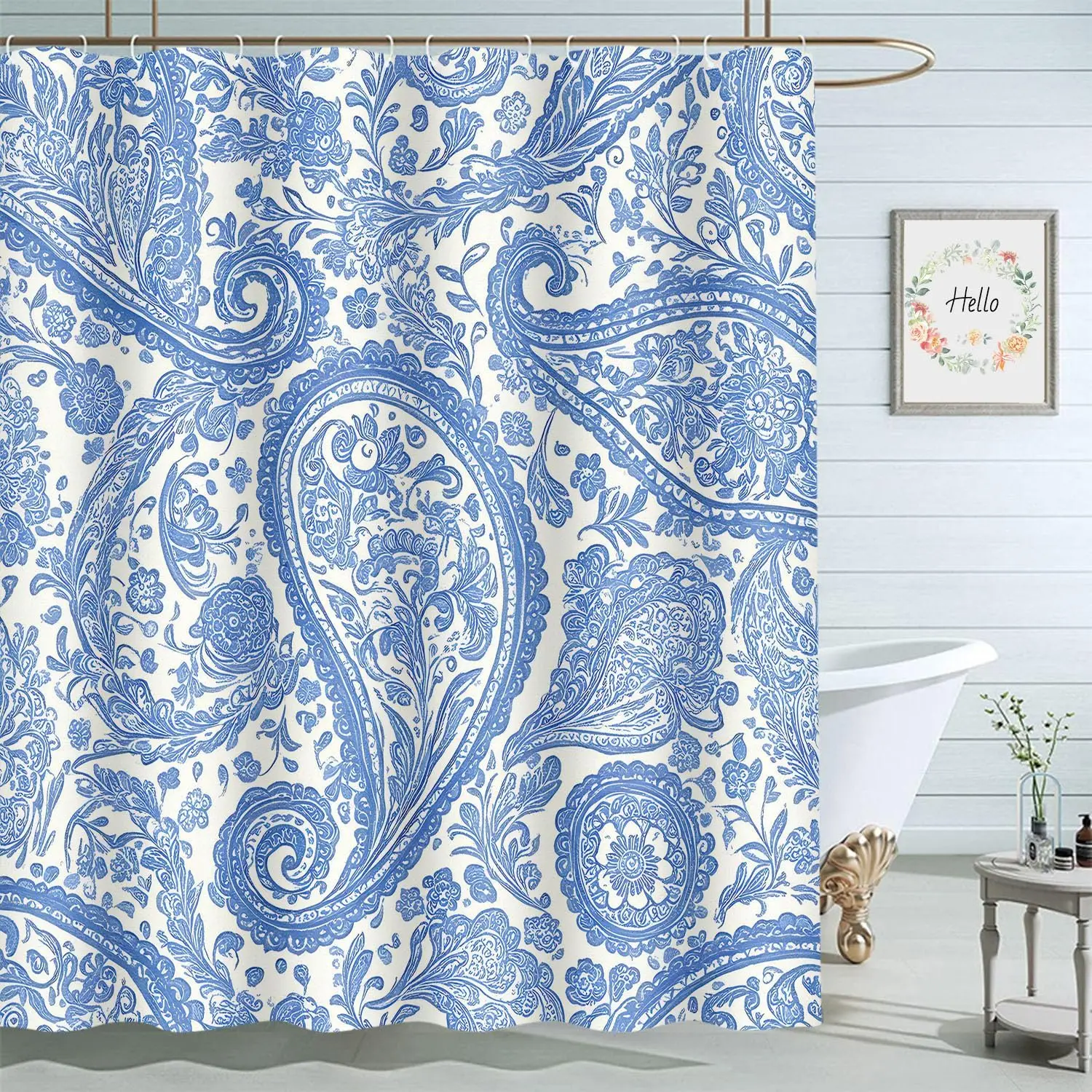 

Large Blue and White Paisley Patterned Shower Curtain Waterproof Polyester Bathroom Bath Decor Vintage Style Home Accent