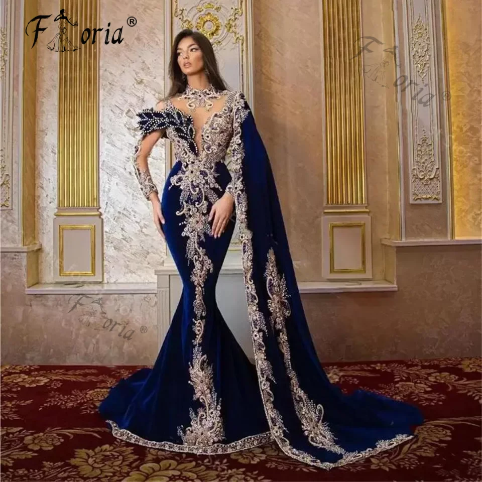 Luxury Crystal Beads Velvet Mermaid Evening Dresses Royal Blue Couture Long Sleeve Dubai Appliques Party Prom Gown Vestidos Gala