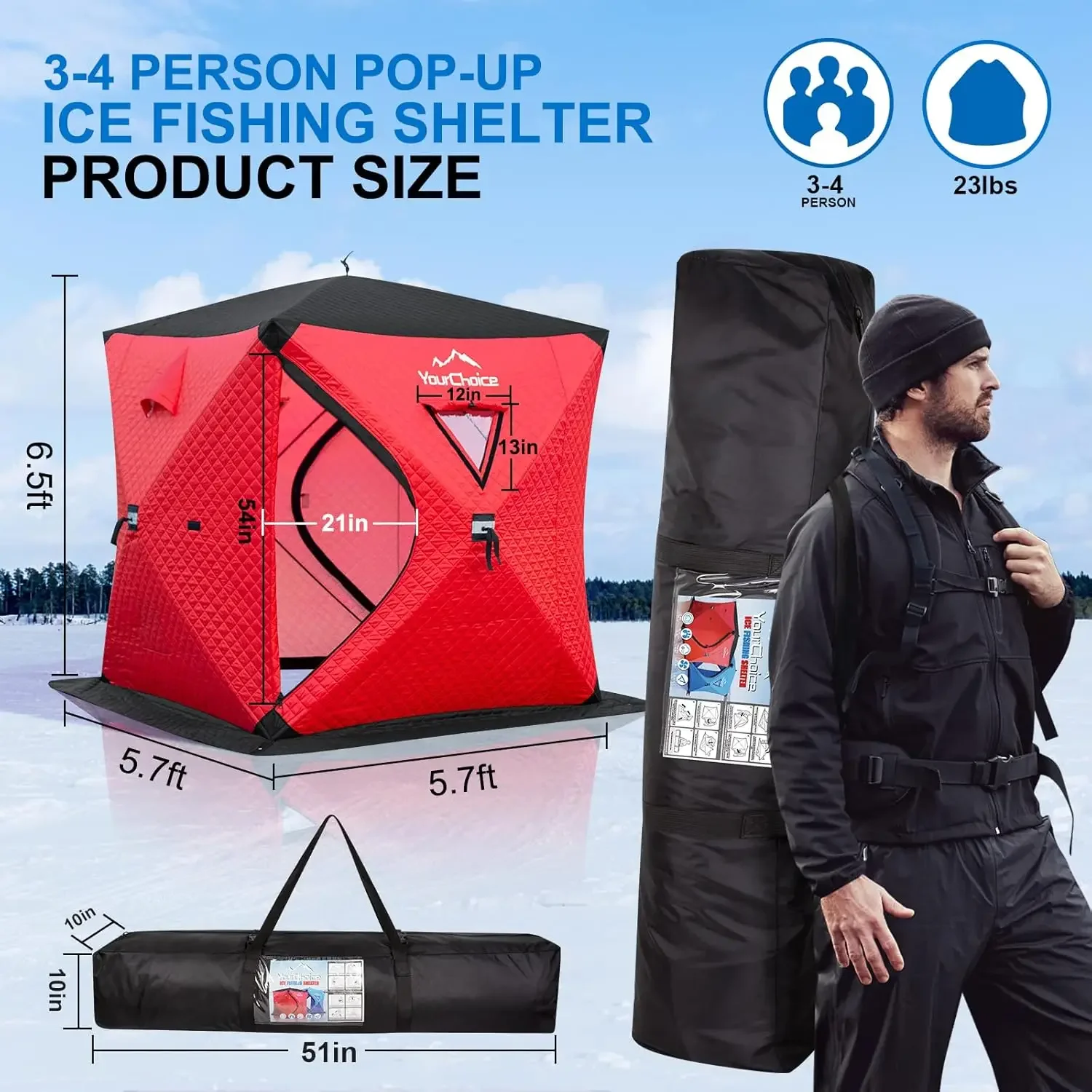 Choice Pop Up 3-4 Person Ice Fishing Shelter, Fully Insulated Ice Fishing Shelter, with Insulated Layer to Windproof and Wa