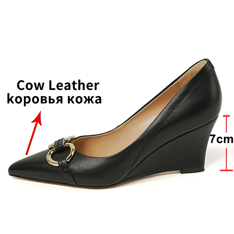 ANNYMOLI Women Gneuine Leather Pumps Fashion Wedge High Heels Pointed Toe Metal Decoration Spring Autumn Shoes Apricot 33-40