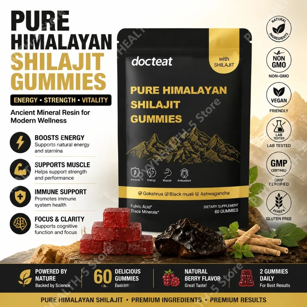 Docteat Pure Himalayan Shilajit Gummies with Ashwagandha Natural Herbal Daily Wellness Supplement, Supports Energy 60 CT