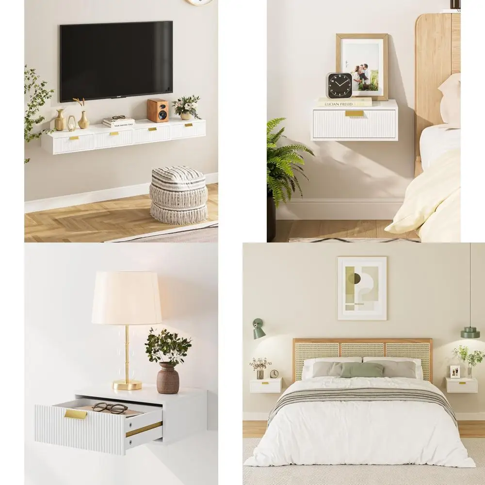 

White Striped Wall-Mounted Floating Nightstand with Drawer