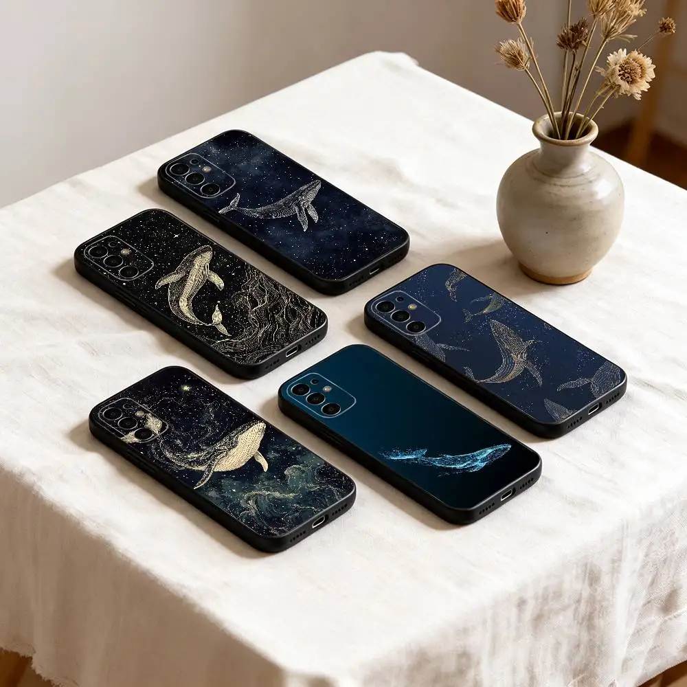 Line W-Whale Phone Case For Samsung S25,S24,S21,S22,S23,S30,Ultra,S20,Plus,Fe,Soft Silicone Black Cover