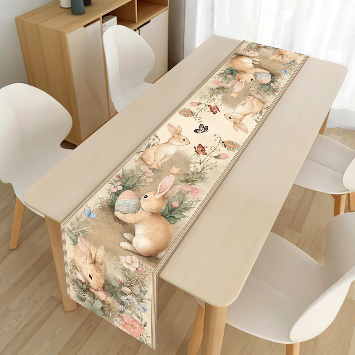 Easter Bunny Polyester Table Runner Happy Easter Decorations for Home 2026 Rabbit Butterfly Table Cloth Easter Party Supplies