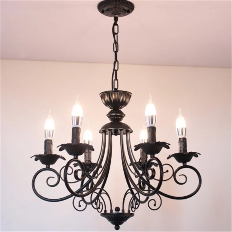 Vintage attic LED chandelier beige black American gloss candle chandelier hanging wrought iron pendant light restaurant lighting