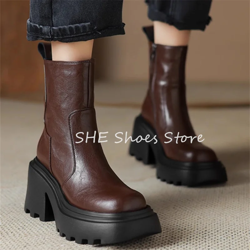 

British Style Thick Bottom Women Chelsea Boots Round Toe Chunky Heel Mid-Calf Boots Ladies Hight Increasing Leather Shoes