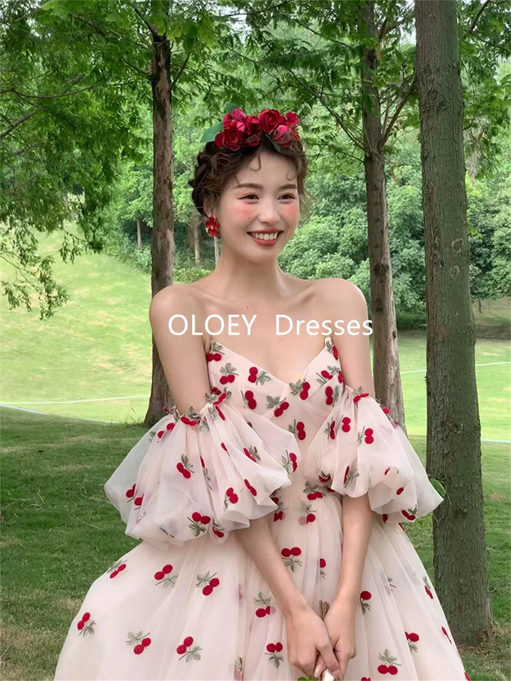 OLOEY Fairy A Line Cherries Floral Wedding Dresses Korea Photoshoot Floor Length V Neck Bridal Gowns with Sleeves Customized