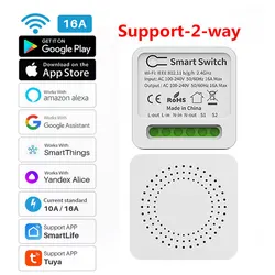 Interruptor inteligente con WiFi para el hogar, miniinterruptor inteligente con 2 vías, compatible con Alexa, Google Alice, Tuya, 16A