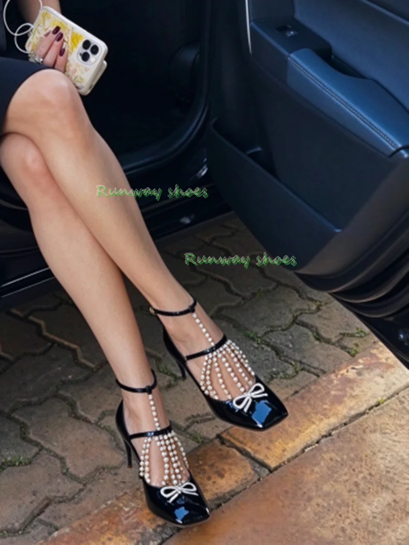 Women Black Patent Leather Mary Jane Pumps Square Toe T Strap Double Buckle Pearl Tassel Chain Rhinestone Bow High Heels Party