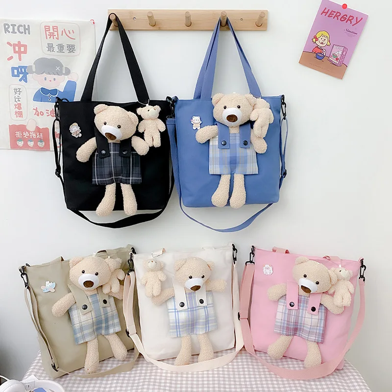 

Canvas Shoulder Bag Female Fashion Casual Cloth Bear Canvas Bag Female Student Class Zipper Messenger