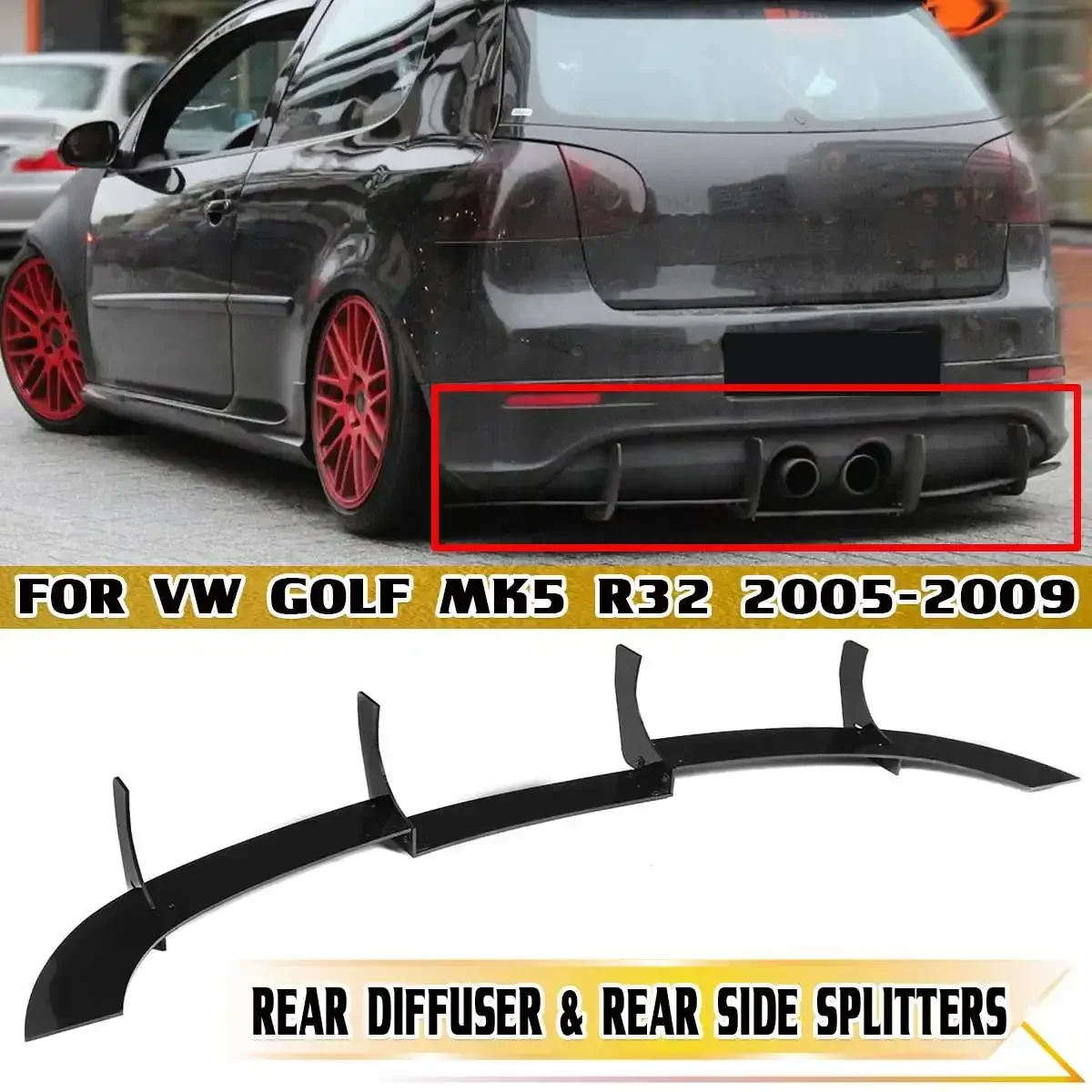 Balck R32 Car Rear Diffuser Lip & Rear Side Splitters For VW For Golf MK5 R32 2005-2009 ABS Car Rear Bumper Lip Diffuser