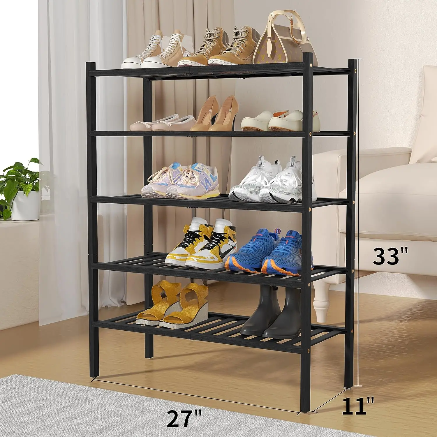 6-Tier Bamboo Shoe Rack Organizer Foldable Stackable Storage Shelf Entryway Hallway Closet Black Large