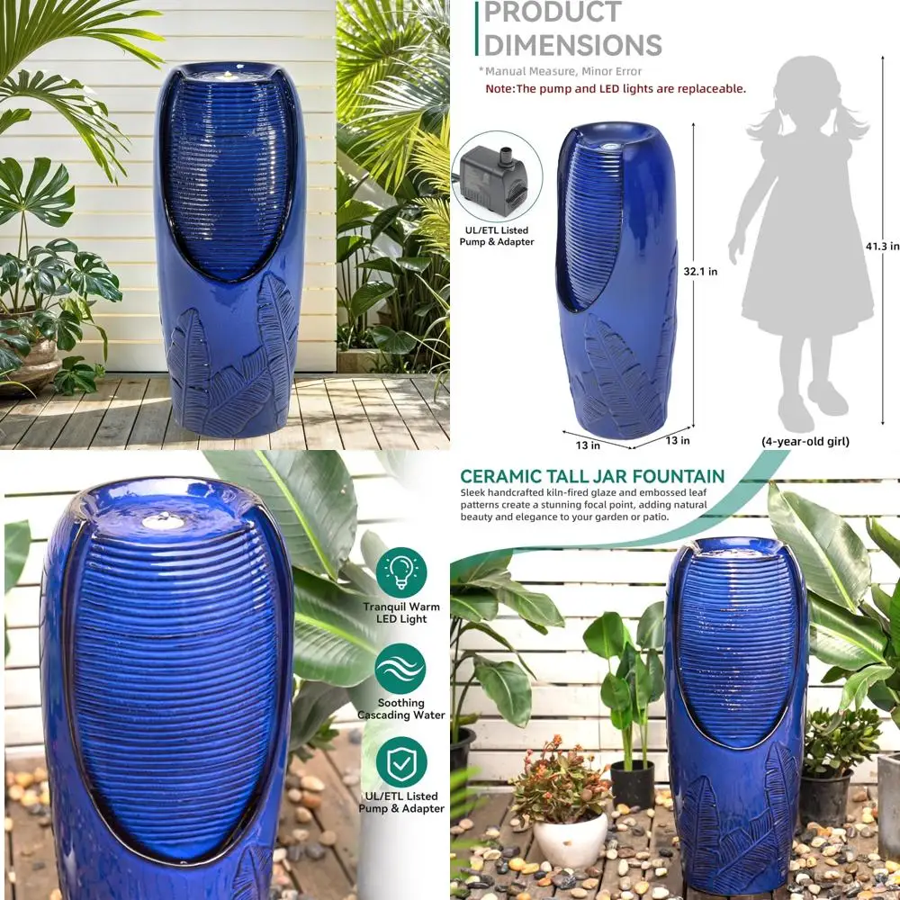 

Современный керамический уличный фонтан со светодиодной подсветкой, высота 33 дюйма, тропический 3D-дизайн листьев, кобальтово-синяя отделка