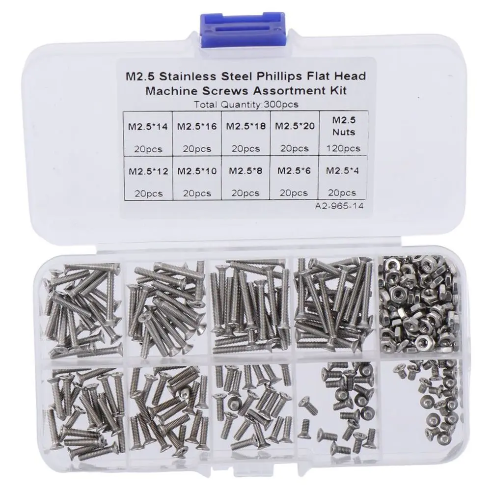 300Pcs 10 Size Machine Screws Flat Head Stainless Steel Nuts and Bolts Phillips Countersunk Metric Screws Set Repair Electronic