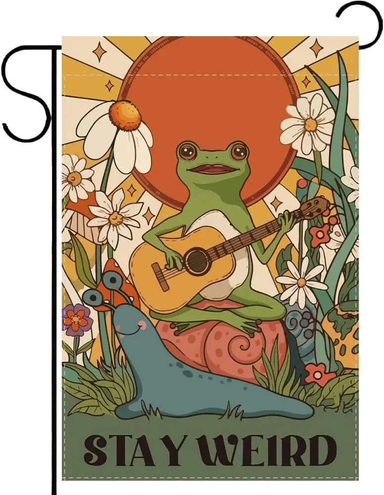 Funny Frog Garden Flag 12 x 18 Inch Cute Animal Yard Flags Stay Weird Retro Snail and Frog Yard Banner Double Sided Polyeste kkz