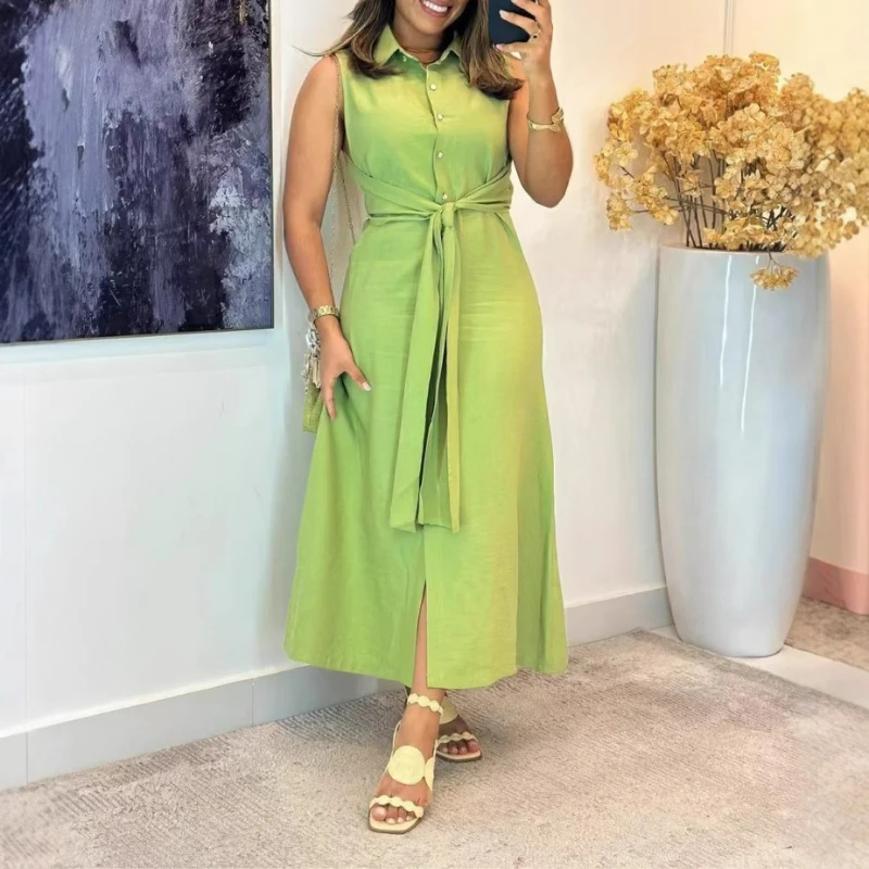 Commerce extérieur femmes vêtements nouveau élégant et polyvalent mode sans manches taille chemise robe femmes longue robe tempérament élégant