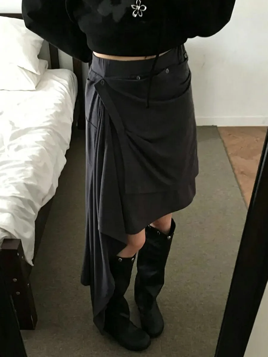 Commuting Versatile A-line Midi Skirt Early Autumn New Design Sash Irregular Retro Pleated Half-length Women's Skirt