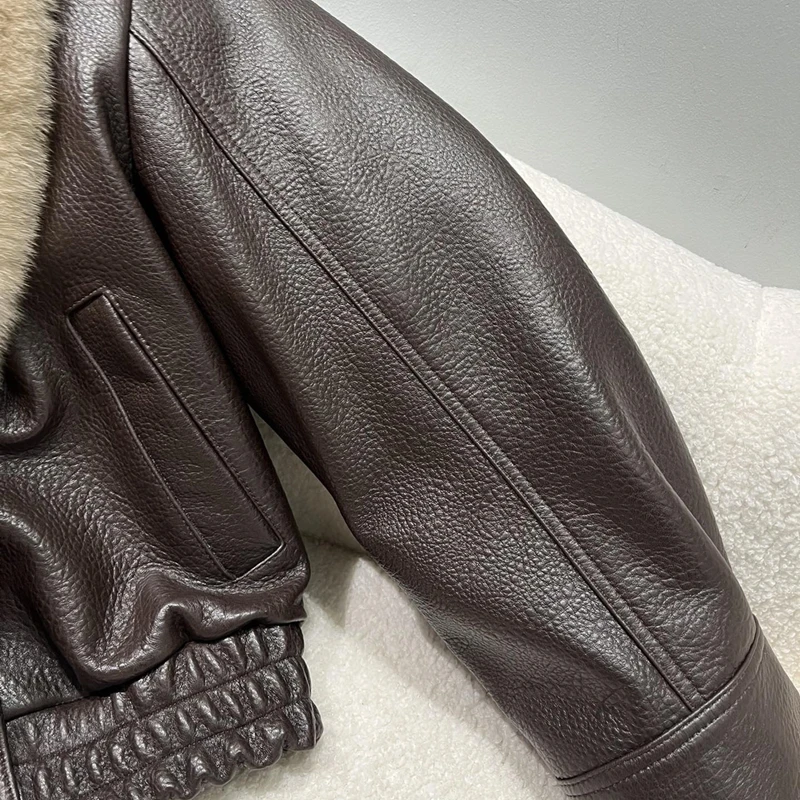 Natural Lambskin Leather Jacket for Women, 100% Genuine leather Fox Fur Leather Women Coat, Long Sleeves, H9021