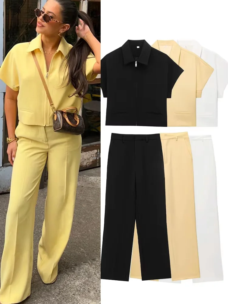 

HH женский однотонный брючный костюм, модный свободный топ с короткими рукавами на молнии и лацканами + повседневные брюки с высокой талией и боковым карманом