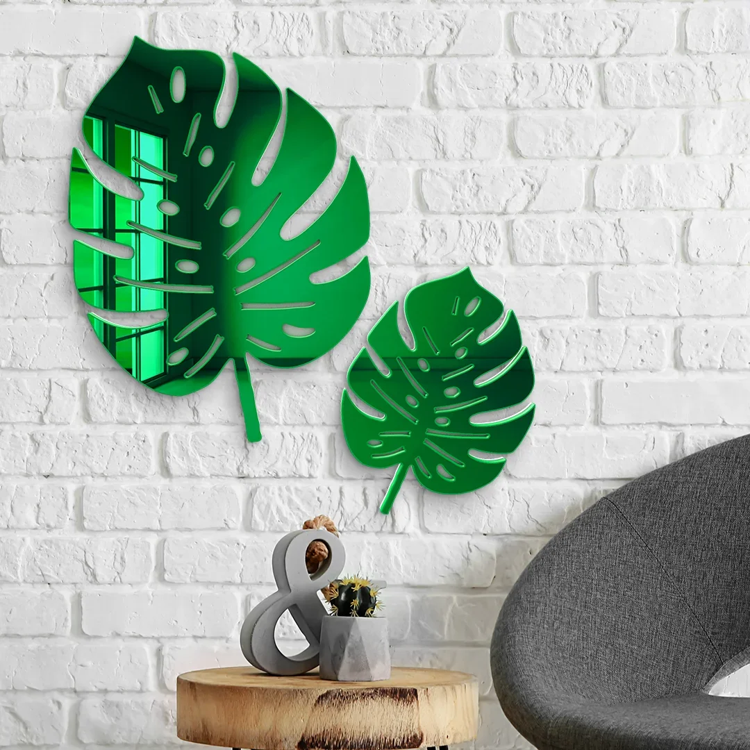 2PCS 3D Acrylic Palm Leaves Mirror Faux Split Leaf Philodendron Wall Decor 3D Wall Hanging Mirror for Bedroom Dorm Living Room