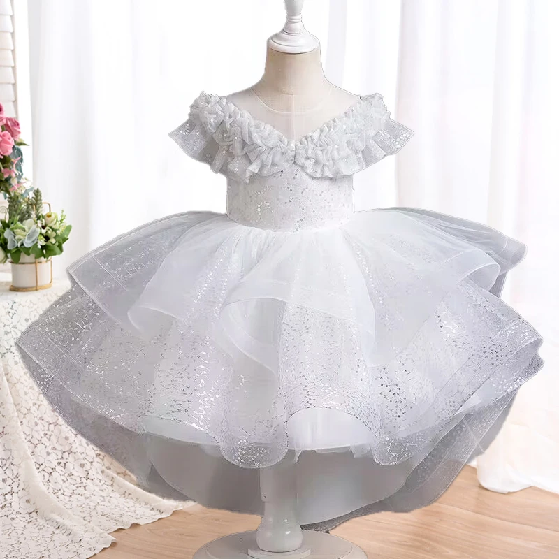 Flower girl wedding party ball tailed Print Dress Girl Birthday communion party high collar dress girl Graduation Dinner Dress