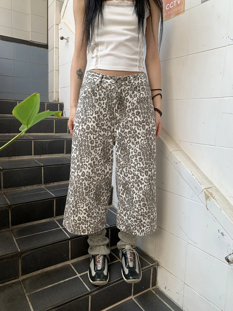 

WCFCX STUDIO Retro Leopard Print Women Jeans Y2k American Wide Leg Pants Baggy High Waisted Jeans Loose Oversized Hip Hop Trouse