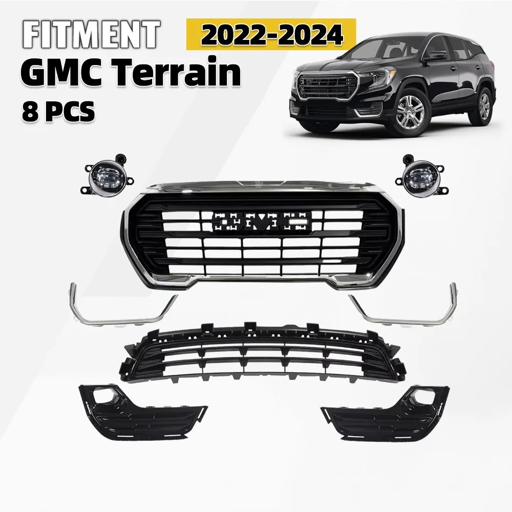 

Для GMC Terrain SLE 2022-2024: Комплект передних нижних и верхних решеток радиатора с противотуманными фарами