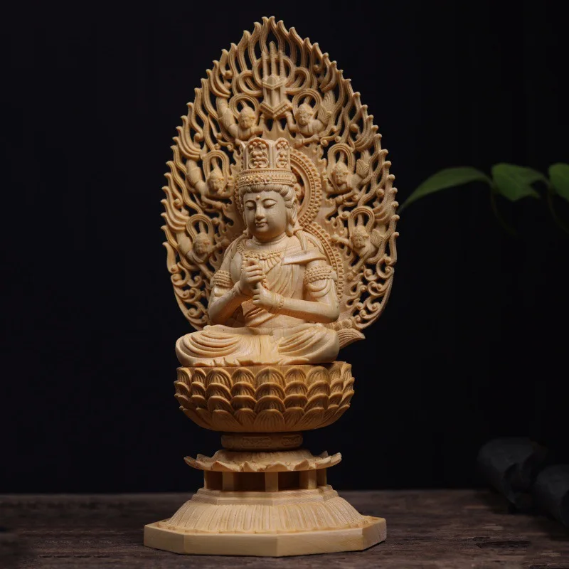 Wood Carved Mahāvairocana (Dainichi Nyorai) Figurine - 28.5cm High, Home Altar Decor with Eight Guardian Bodhisattvas