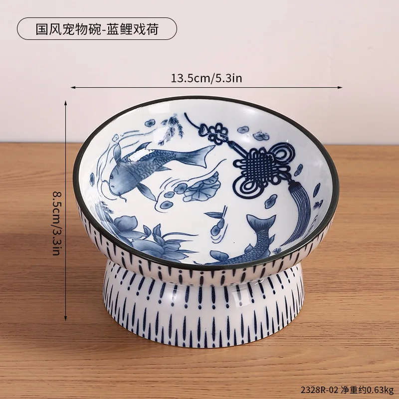 Cute Tilted Elevated Ceramic Pet Bowl Chinese Blue White Fish Pattern Raised Cat Dog Feeding Bowl Anti Vomiting Food Water Dish view 6