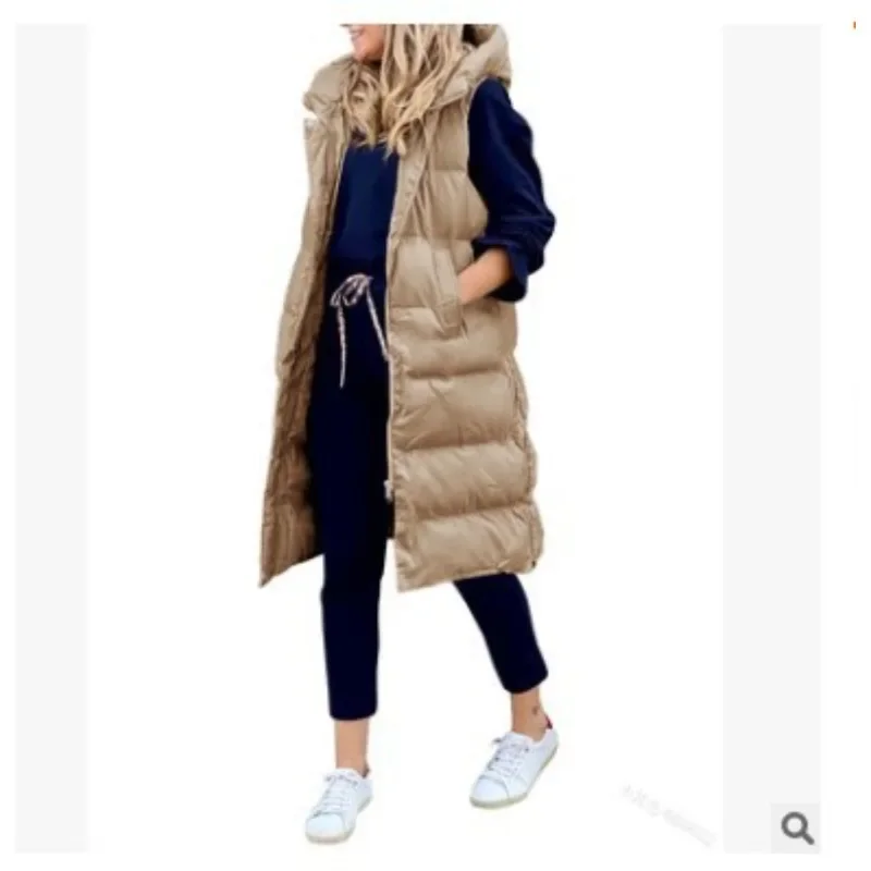 Women Solid Color Hooded Long Coat 2023 Autumn Winter Vest Long Parkas Women Loose and Warm Single-Brewed Zip Sleeveless Parkas