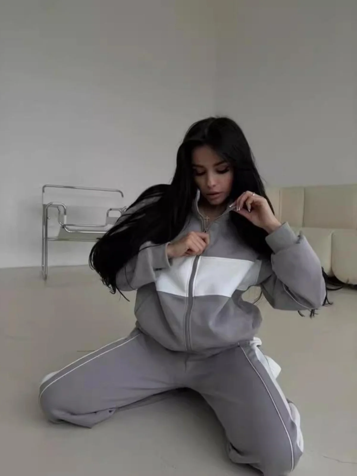 Longsved طويل Sve هوديي Sweatpants مجموعة عارضة مريحة Faion فرقة للشابات البوليستر النسيج تسع نقاط السراويل