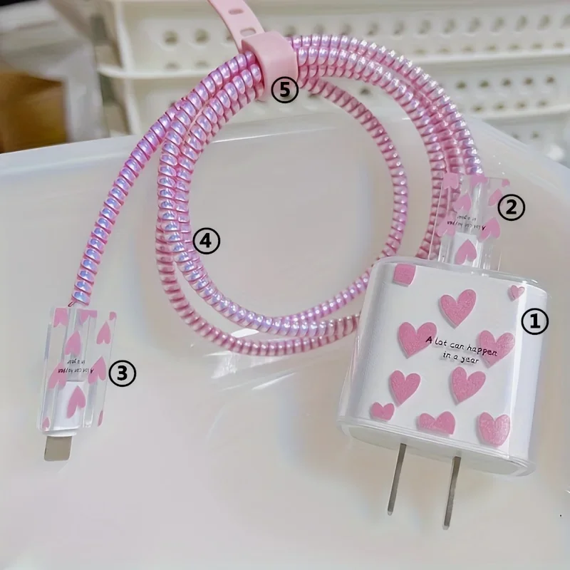 4 قطعة/المجموعة الحب القلب لينة شاحن حامي القضية آيفون 16 15 14 13 18 واط 20 واط شحن رئيس الغطاء الواقي كابل يو اس بي اللفاف #5