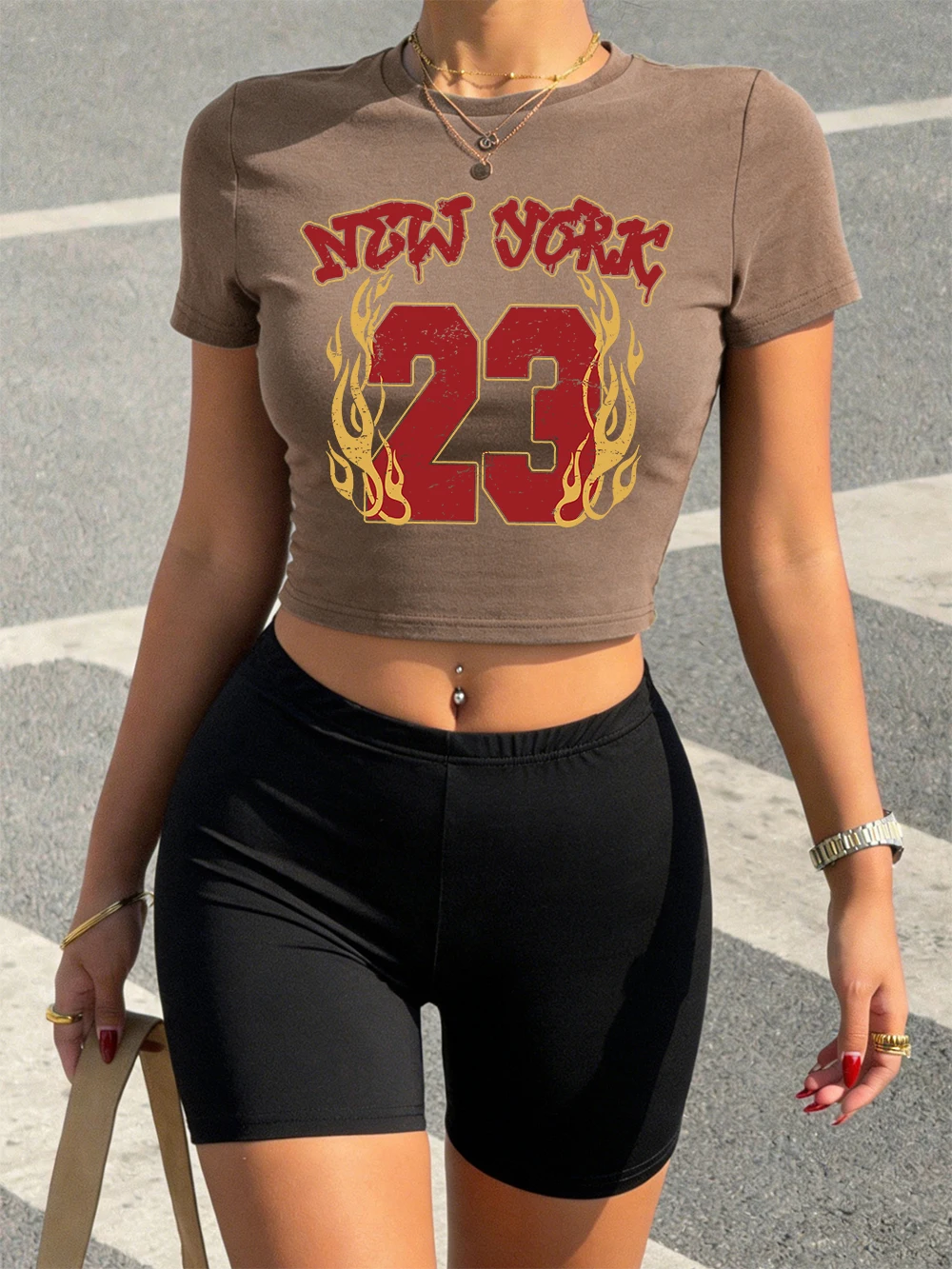 

Summer New York Number 23 Fire Printing Crop Tops & Shorts Womans Two Pieces Set T-Shirts Soft Slim O-Neck High Elastic Clothes