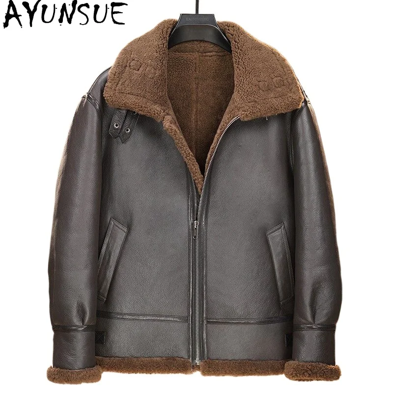 AYUNSUE High Quality Real Fur Coat Men Heavy Wash Oil Wax Natural Sheep Wool Fur Jacket Genuine Leather Fur Coats Warm Outerwear